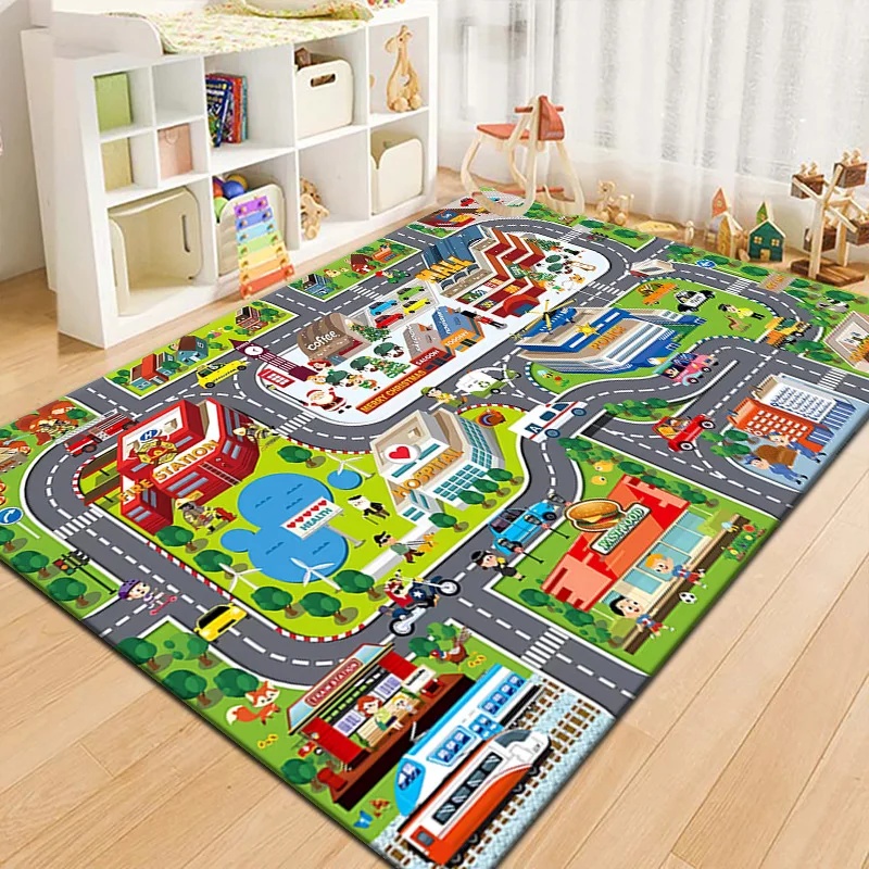 Outdoor Adventure With Kids - Bunter Kinder-Stadtkarten-Spielteppich Straßenverkehr-Abenteuer-Teppich für Kinderspielzimmer Schlafzimmer
