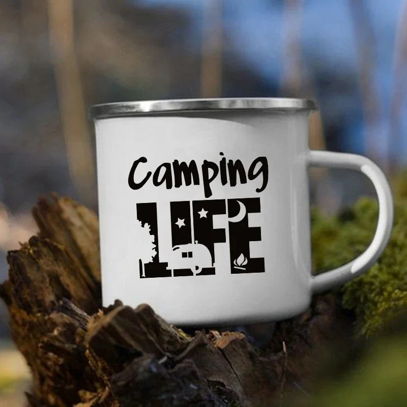 Outdoor Adventure Day - Happy Campers Lagerfeuer-Tasse, Kaffeetassen, Emaille-Camping-Tassen, Abenteuer