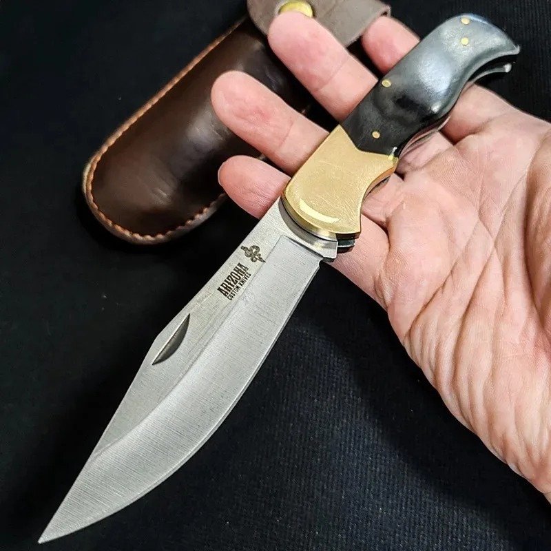 Survival Knife Full Tang - Klappmesser mit Messing- und Rosenholzgriff, Lederscheide,